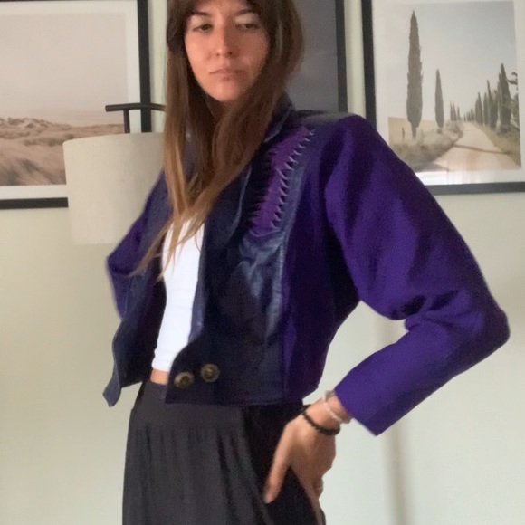 Vintage VTG Purple Leather and Wool Jacket Small - Picture 4 of 13